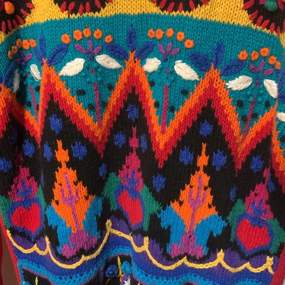 Vintage 90s 3D Knit & Crochet Floral & Hearts Fun Sweater Woman’s Large XL - Picture 5 of 17